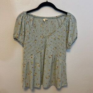 Puff Sleeve Babydoll Top Blue Size Juniors Large Cottage Boho Floral